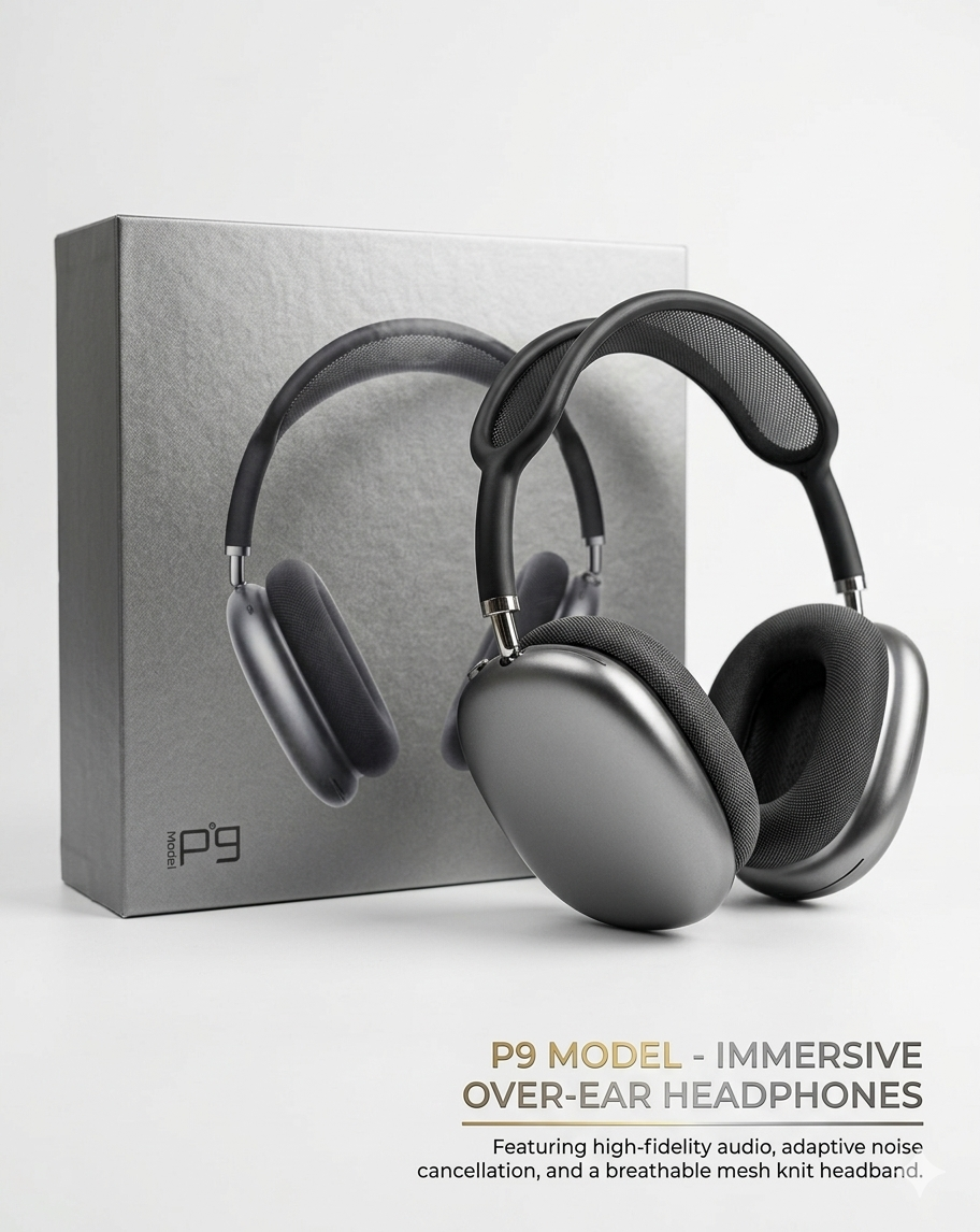 P9 Wireless Over-Ear Headphones - Hi-Fi Stereo Sound with Noise Cancellation & Breathable Mesh Knit Headband (Space Gray)