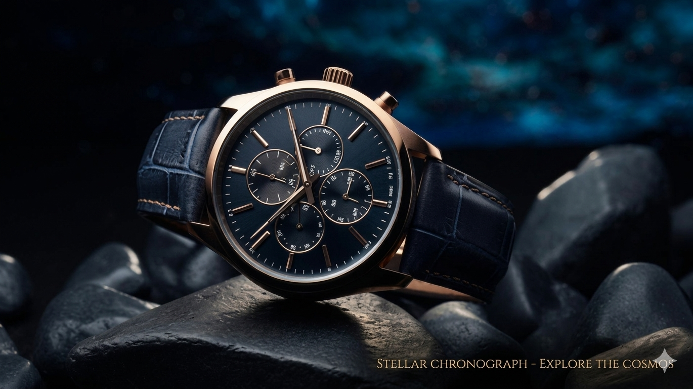 Stellar Chronograph Masterpiece: Rose Gold Case, Deep Navy Dial & Genuine Alligator-Pattern Leather Strap