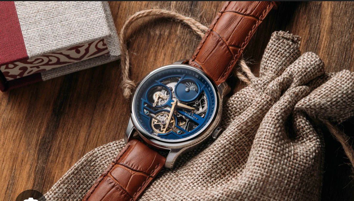 AGELOCER Chronos Skeleton Automatic Watch - Stainless Steel Case, Navy Blue Inner Bezel & Genuine Crocodile-Pattern Leather Strap