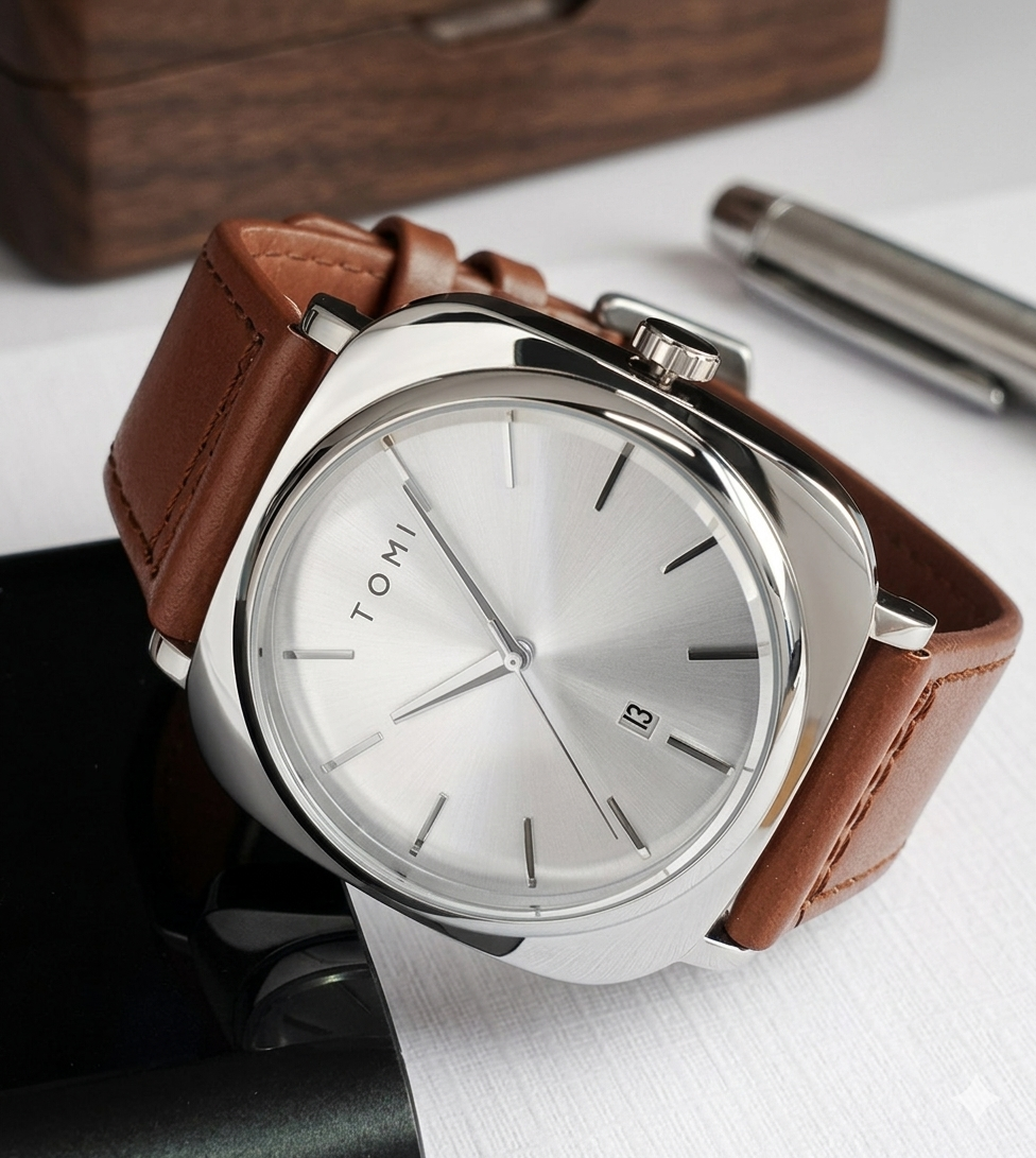 TOMI Modern Stainless Steel Watch with Sunburst Silver Dial and Premium Brown Leather Strap