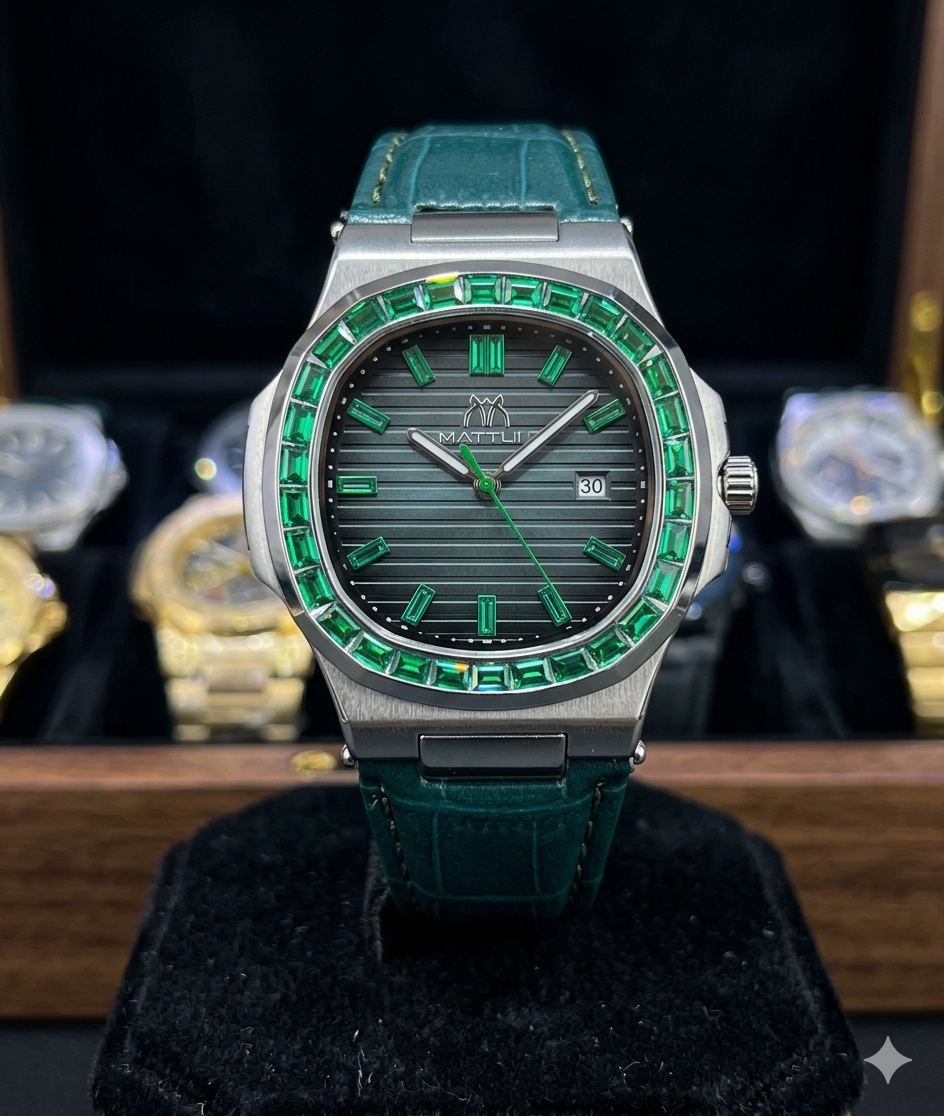 MATTLI Men's Luxury Watch with Green Dial, Emerald-Cut Green Gem Bezel & Premium Green Leather Strap
