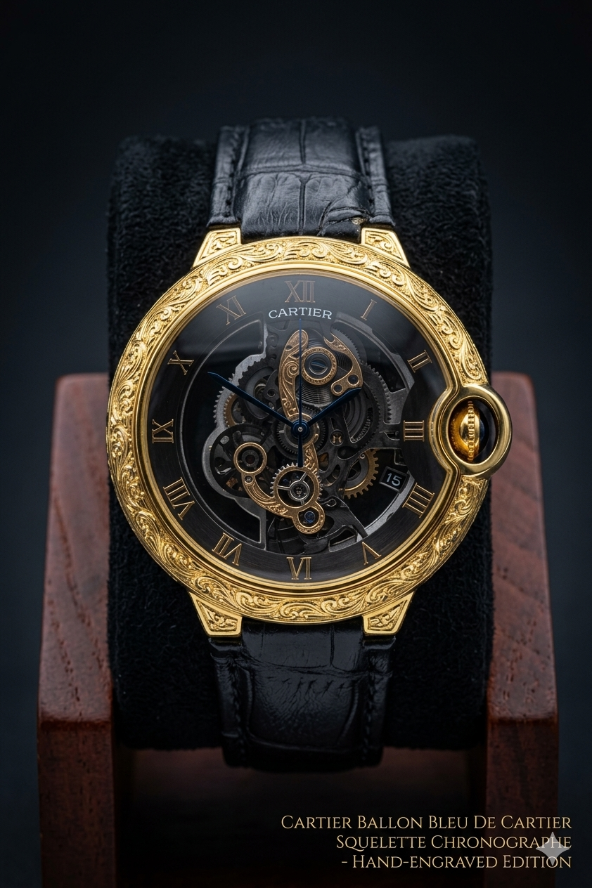 Cartier Ballon Bleu Squelette Hand-Engraved Chronograph - 18K Yellow Gold Case, Black Alligator Strap & Visible Movement