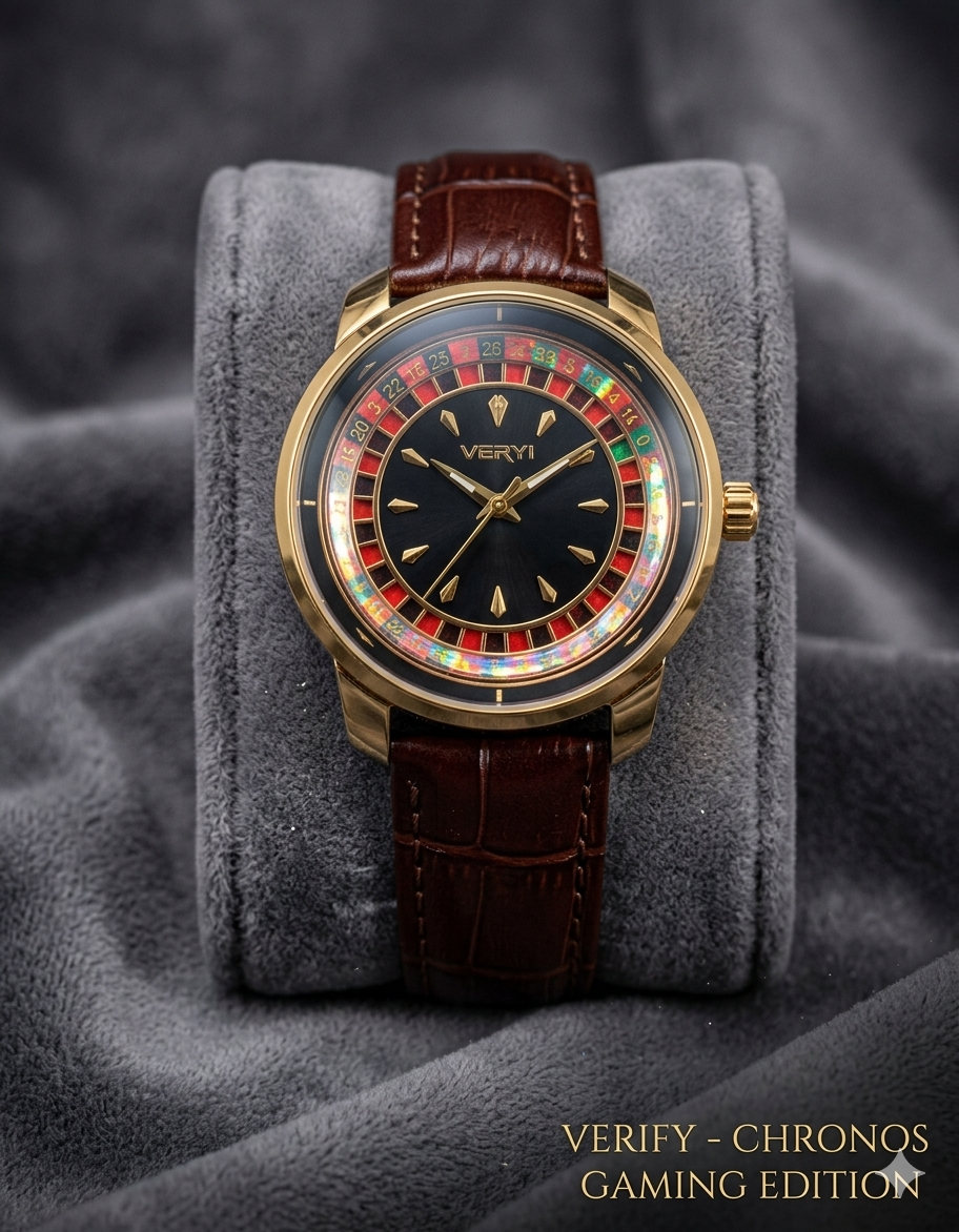 VERYI Chronos Gaming Edition Watch with Gold-Tone Roulette Dial, Matte Black Ring & Premium Brown Crocodile Leather Strap