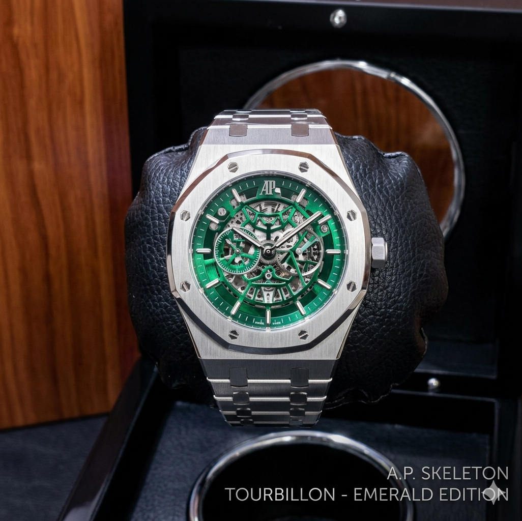 A.P. Skeleton Tourbillon Men's Luxury Watch - Emerald Edition with Green Skeleton Dial, Stainless Steel Case & Bracelet