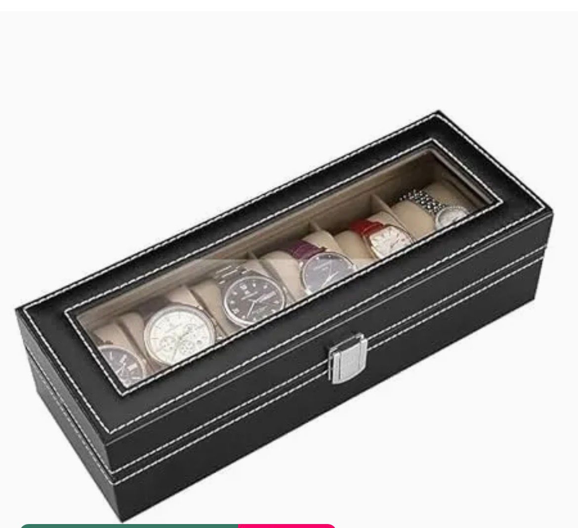 6-Slot Premium PU Leather Watch Organizer Box with Glass Top Display & Soft Velvet Interior - Black with White Stitching