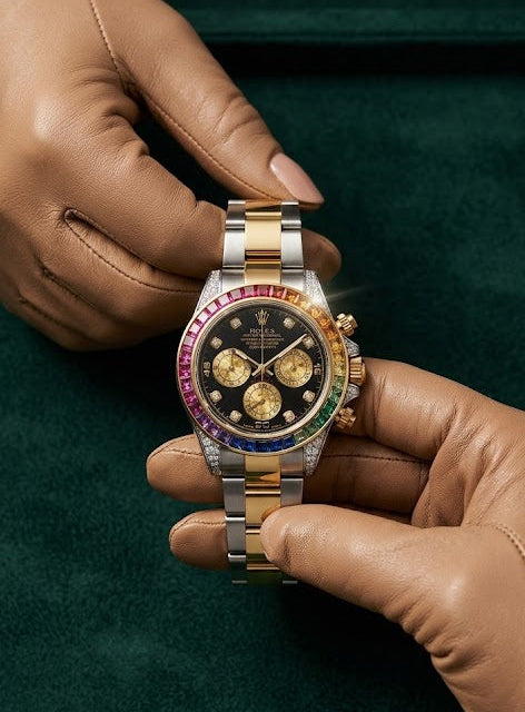 Luxury Rainbow Bezel Watch for Men - Two-Tone Stainless Steel, Chronograph Dial & Diamond Studded Lugs